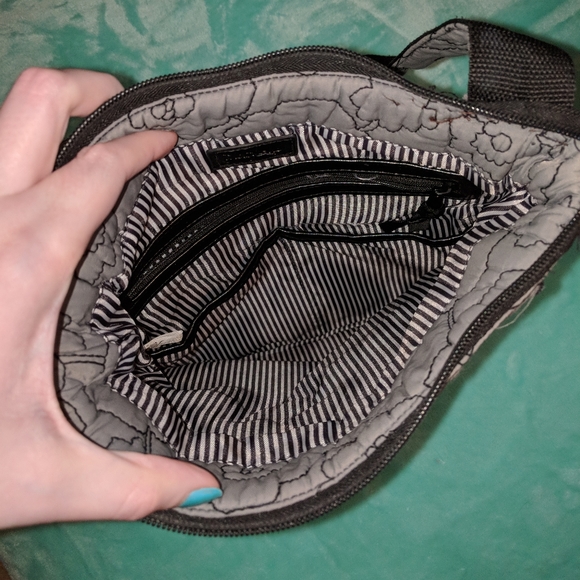 Thirty One floral crossbody bag / purse - gray and black - pink embroidered K - Picture 5 of 6